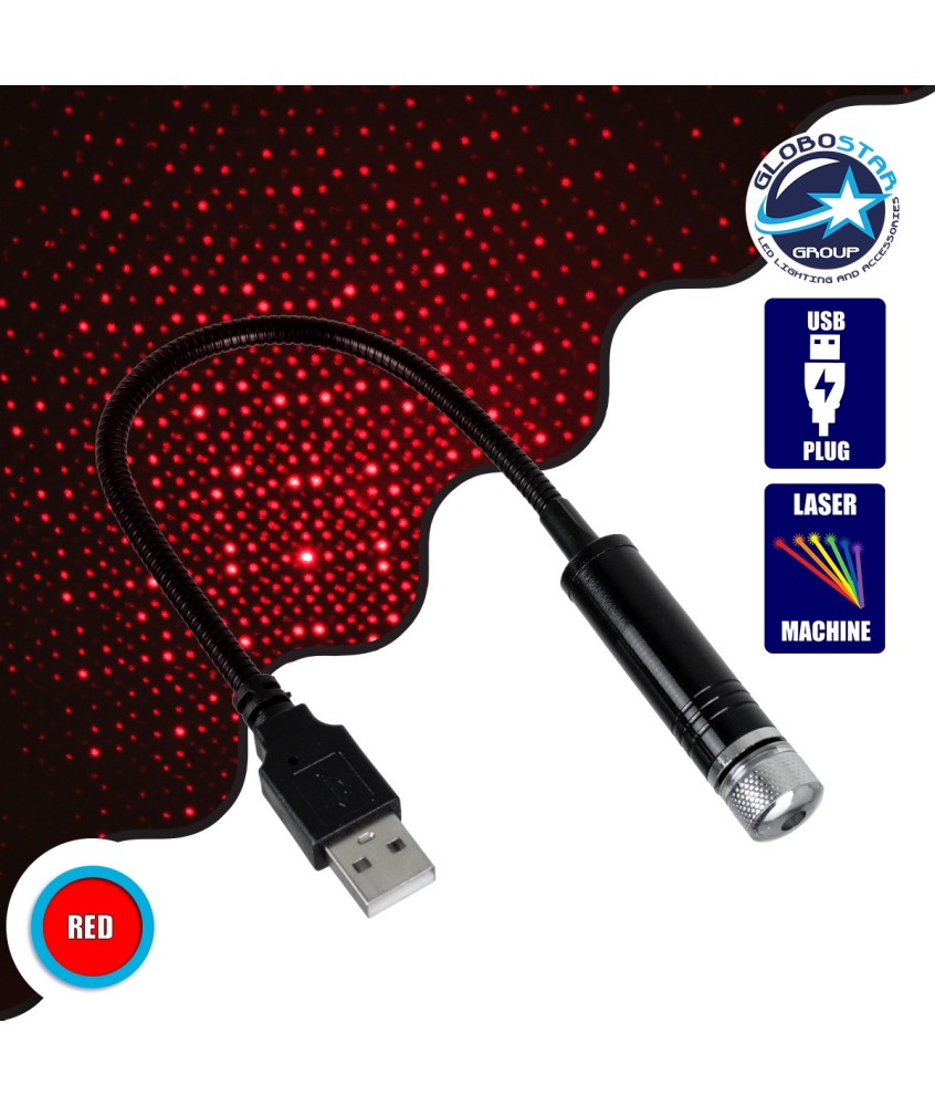 GloboStar® 81846 Διακοσμητικό Φωτιστικό Ειδικών Φωτορυθμικών Εφέ PARTY Disco LASER DC 5V με Καλώδιο Τροφοδοσίας USB Κόκκινο IP20 Μ1.4 x Π1.4 x Υ27cm